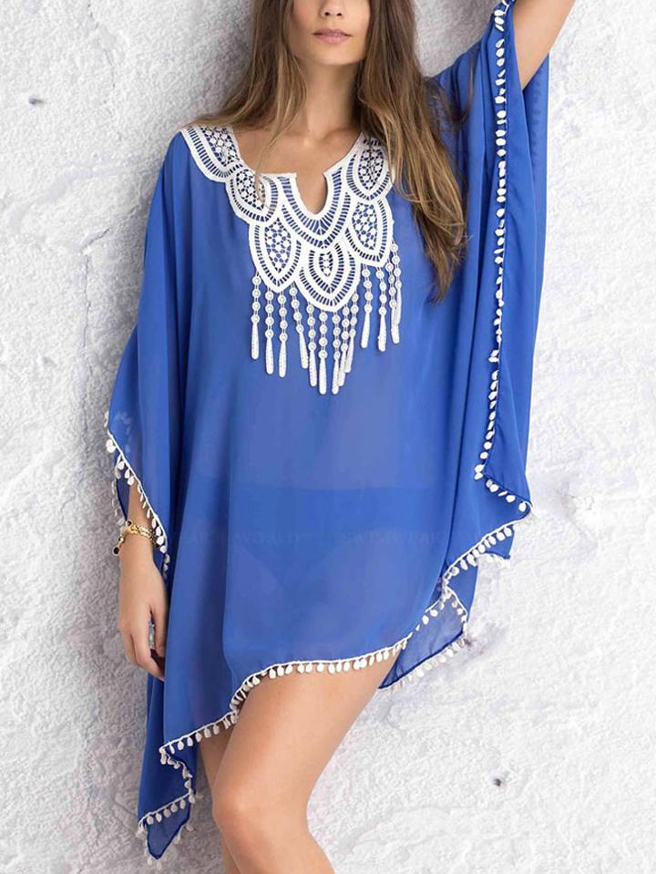 Romwe Blue Crochet Chiffon Dress With Pom Pom