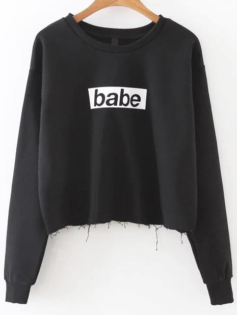Romwe Black Letter Print Frayed Hem Sweatshirt