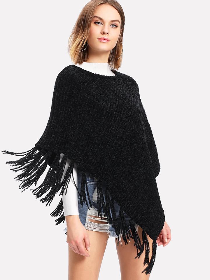 Romwe Fringe Hem Chenille Poncho Sweater