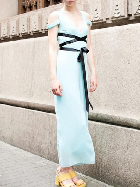 Romwe V Neck Tie Chiffon Pale Blue Jumpsuit