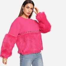 Romwe Neon Pink Gem Beading Faux Fur Panel Sweatshirt