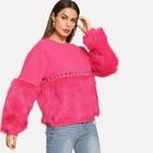 Romwe Neon Pink Gem Beading Faux Fur Panel Sweatshirt