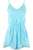 Romwe Spaghetti Strap With Ball Hem Blue Jumpsuit