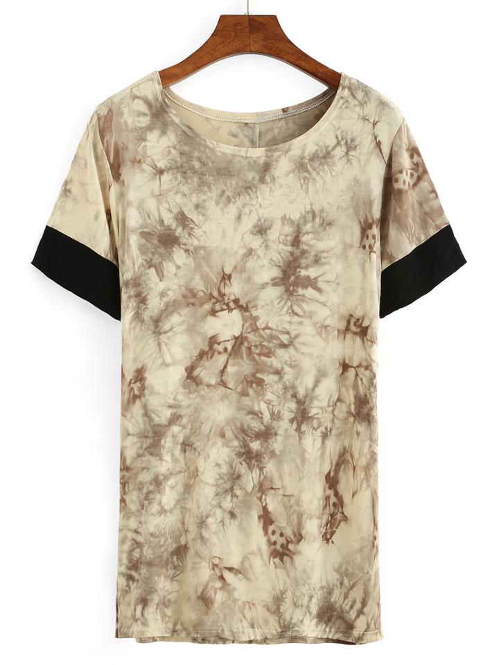 Romwe Contrast Sleeve Hem Tie Dye Print T-shirt