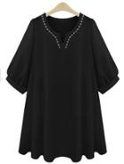 Romwe Black Embroidery Puff Sleeve Shift Dress