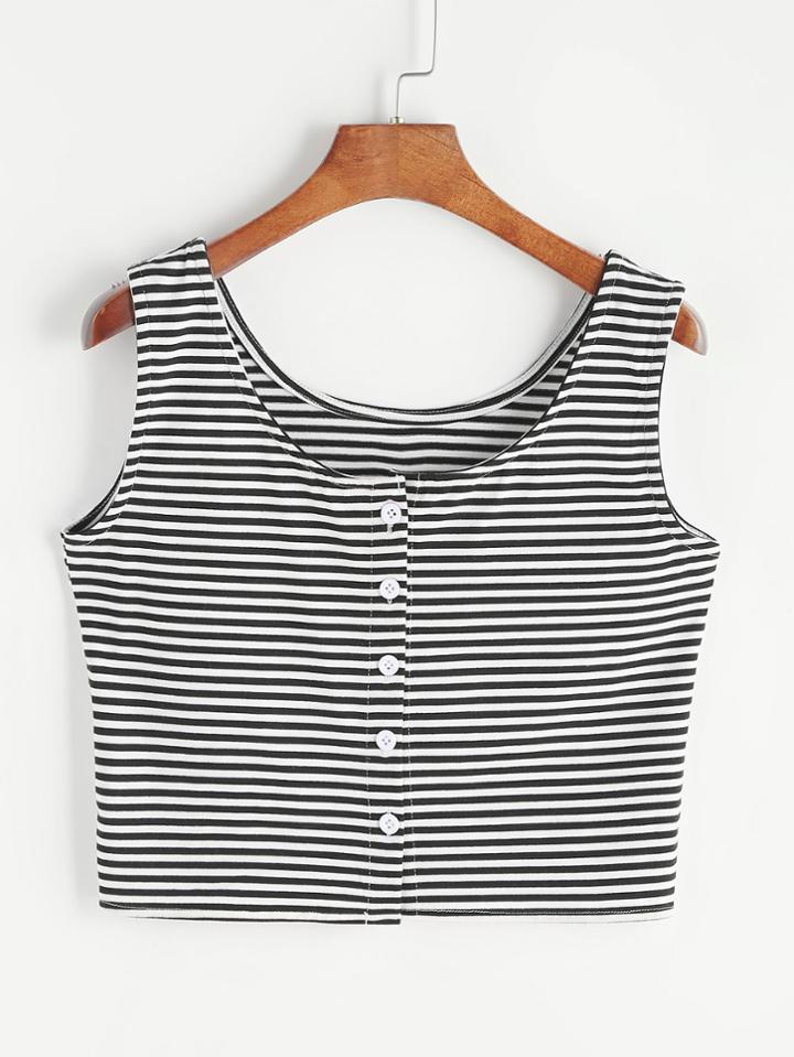 Romwe Striped Crop Tank Top With Button
