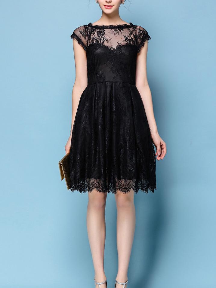 Romwe Sheer Shoulder Lace Skater Dress