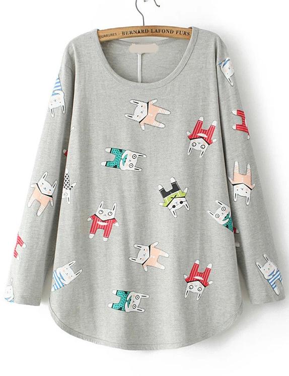 Romwe Rabbit Print Loose Grey T-shirt
