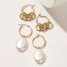 Romwe Faux Pearl & Ring Decor Hoop Earrings 2pairs