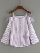 Romwe Cold Shoulder Buttoned Front Vertical Striped Blouse - Brown