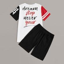 Romwe Guys Contrast Sleeve Letter Print Tee With Shorts