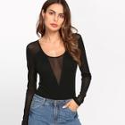 Romwe Contrast Mesh Plunge Fitted Top