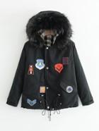 Romwe Patched Detail Faux Fur Hooded Coat