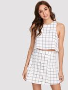 Romwe Keyhole Back Grid Crop Top And Zip Up Skirt Set