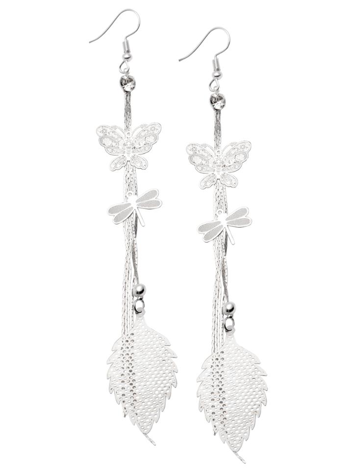 Romwe Silver Plated Butterfly Dragonfly Leaf Drop Linear Earrings