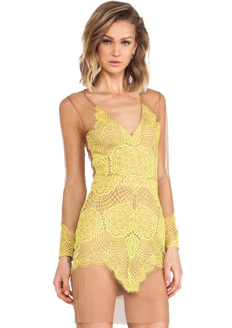 Romwe Sheer Mesh Lace Yellow Dress