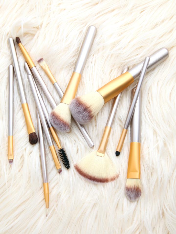 Romwe Champagne Gold 12pcs Makeup Brush Set With Leather Bag