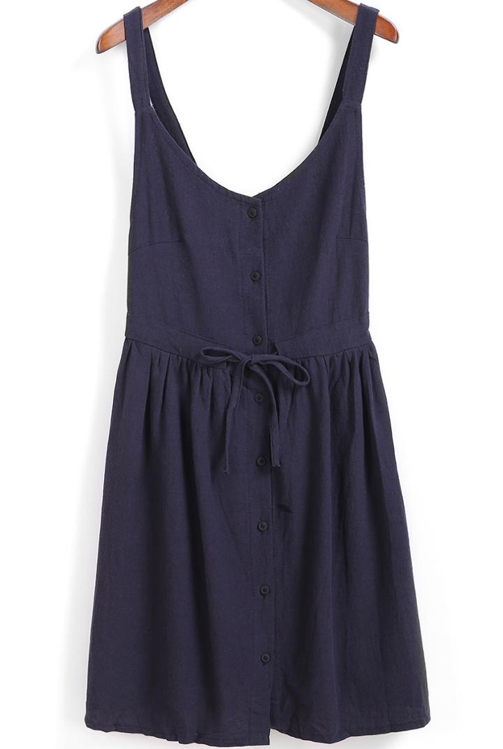 Romwe Navy Strap Drawstring Waist Buttons Dress