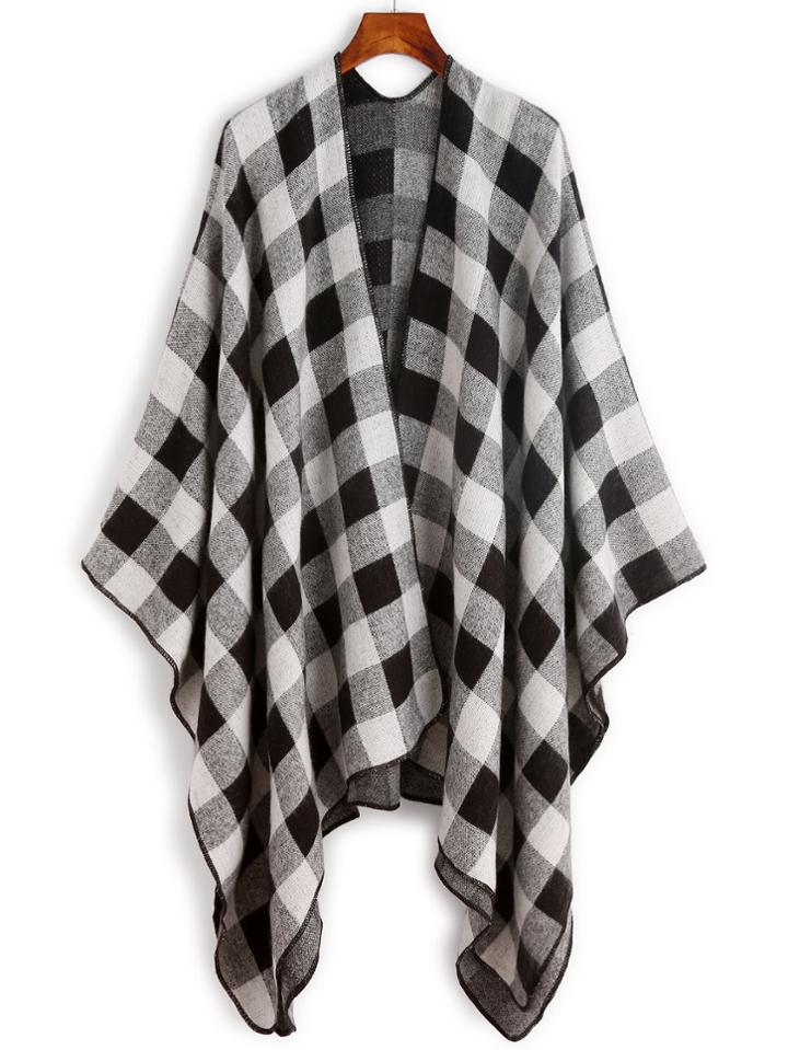 Romwe Black And White Checkered Gingham Shawl Scarf