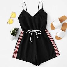 Romwe Striped Tape Side Drawstring Waist Cami Jumpsuit