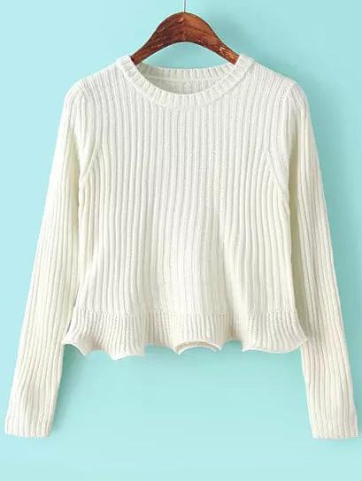 Romwe Round Neck Fungus Hem White Sweater