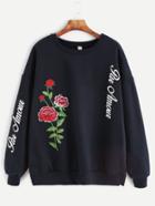 Romwe Dark Blue Drop Shoulder Flower Letter Embroidery Sweatshirt