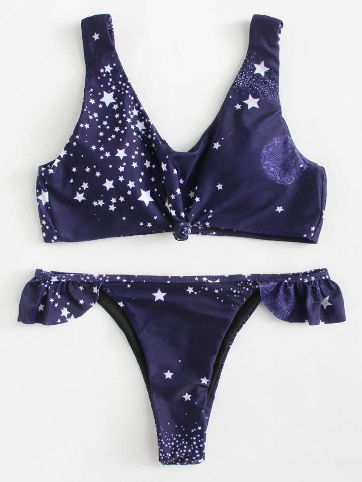 Romwe Galaxy Print Knot Front Bikini Set