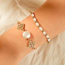 Romwe Faux Pearl & Rhinestone Detail Bracelet Set 2pcs