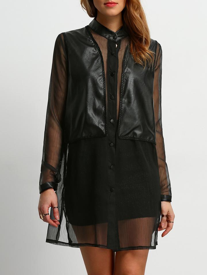 Romwe Pu Insert Split Chiffon Coat