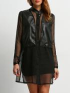 Romwe Pu Insert Split Chiffon Coat