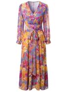 Romwe Multicolor Flower Print Tie-waist Bohemian Maxi Dress