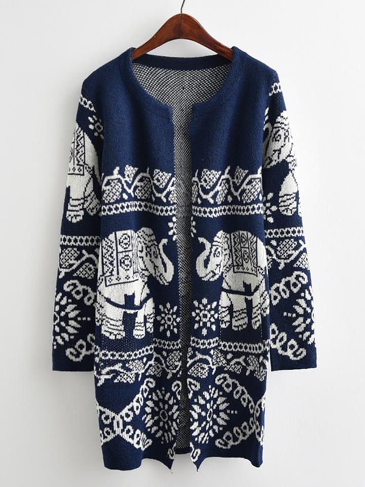 Romwe Tribal Knit Open Front Sweater