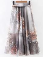 Romwe Multicolor Elastic Waist Flower Print Chiffon Flare Skirt