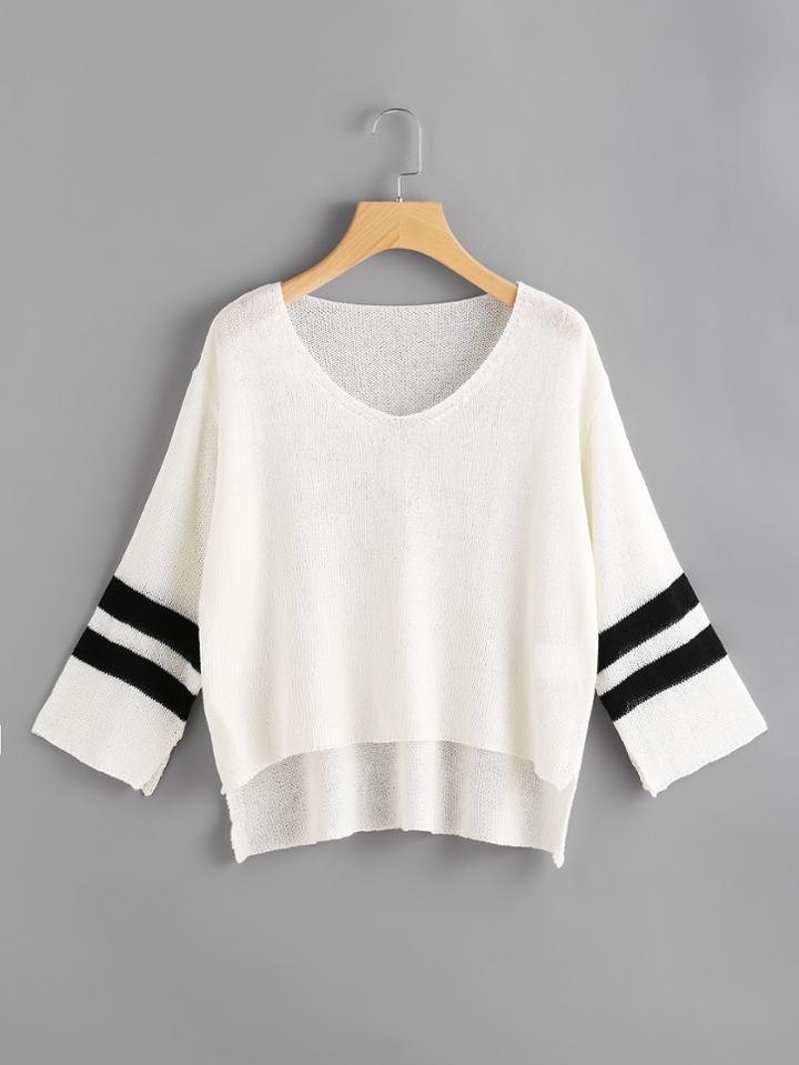 Romwe Varsity Striped Sleeve Dip Hem Jumper