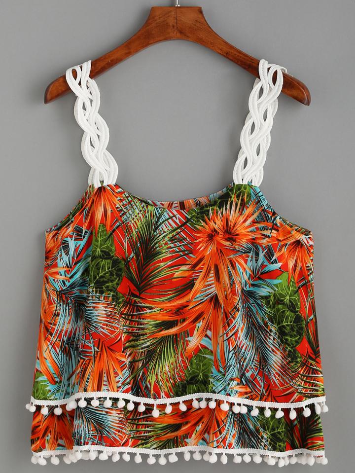 Romwe Tropicals Print Sleeveless Layered Top With Pom Pom