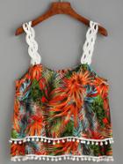 Romwe Tropicals Print Sleeveless Layered Top With Pom Pom