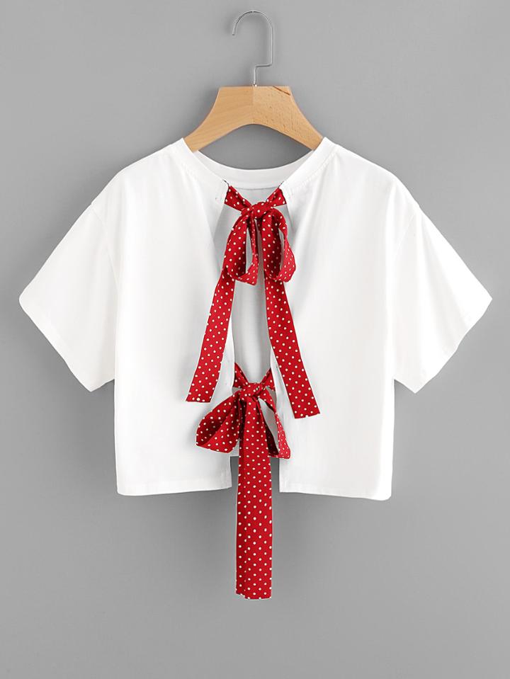 Romwe Polka Dot Bow Tie Split Back Crop Top