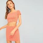Romwe Striped Square Neck Crop Top With Skirt