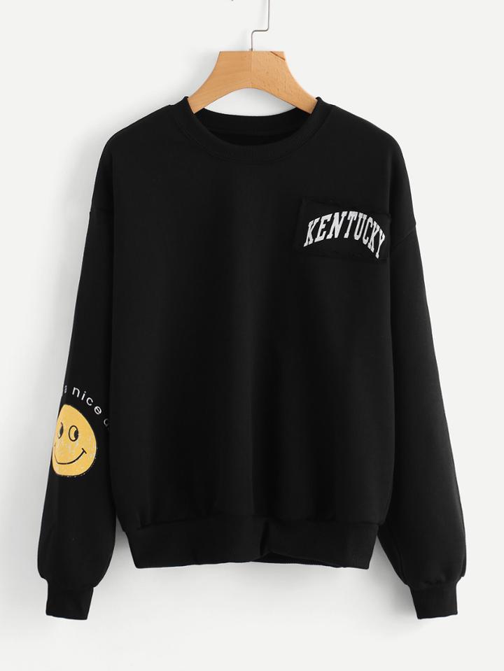 Romwe Smiley Face Print Patch Detail Sweatshirt