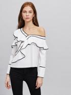 Romwe Contrast Trim Asymmetric Cold Shoulder Exaggerated Frill Blouse