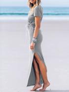 Romwe Heather Grey Surplice Front Drawstring Maxi Dress
