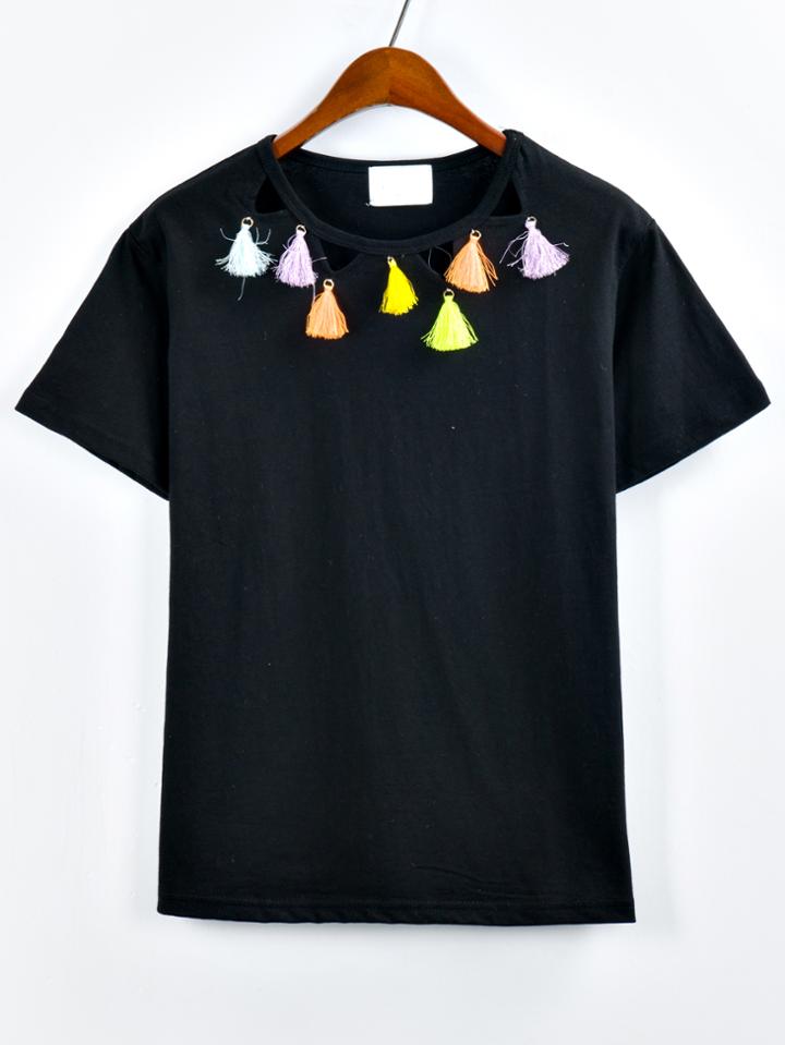 Romwe Cutout Tassel Neck T-shirt - Black