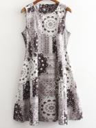 Romwe Grey Sleeveless Buttons Back Vintage Print Dress