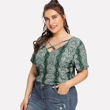 Romwe Plus Snakeskin Criss Cross Front Tee