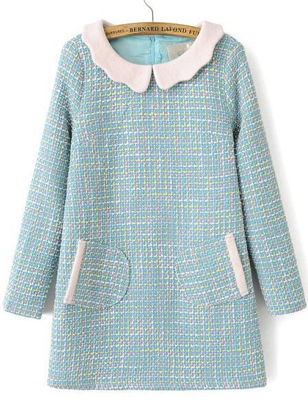Romwe Blue Contrast Lapel Long Sleeve Pockets Dress