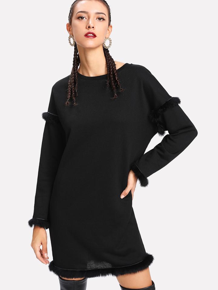 Romwe Faux Fur Detail Solid Dress