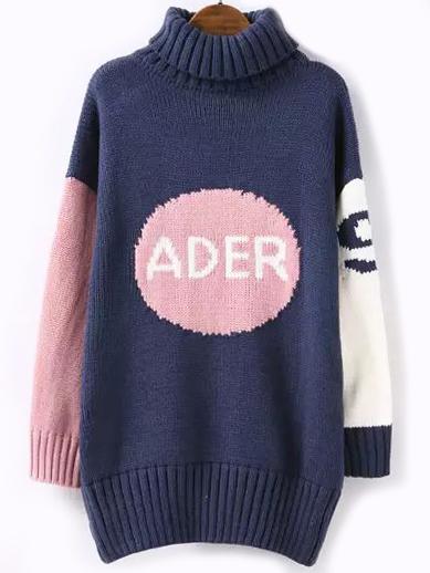 Romwe Turtleneck Dropped Shoulder Seam Letter Print Blue Sweater Dress