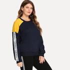 Romwe Plus Letter Print Contrast Panel Sweatshirt