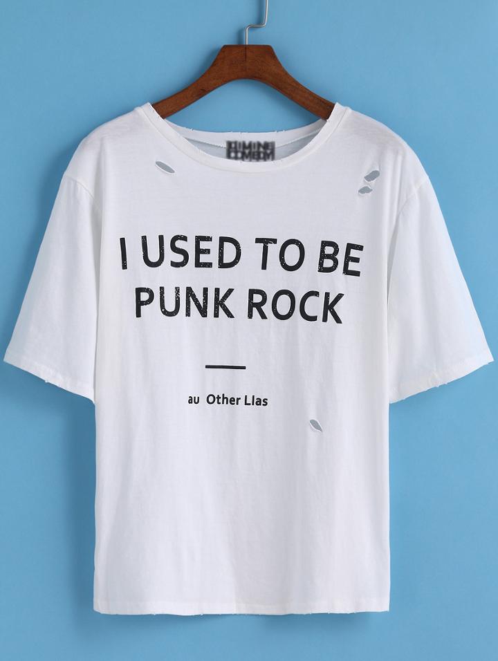 Romwe Letter Print Ripped White T-shirt