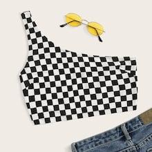Romwe One Shoulder Checked Crop Top